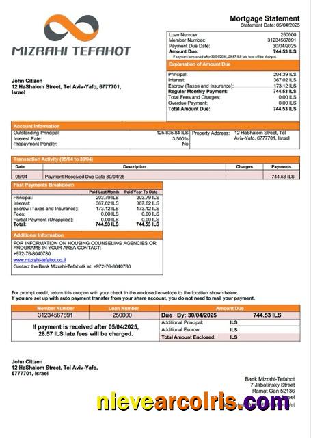 Israel Bank Mizrahi-Tefahot mortgage statement Word and PDF template